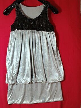 Sequin Bling Baby Doll Midi Hi Low Dress Small Silver/Black Satin Silky Twee